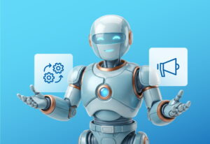 Ein lächelnder Roboter ält zwei schwebende Icons in der Hand. Ein Icon für Technik und eins für Marketing. Der Hintergrund ist blau. Es ist das Beitragsbild zu einem Blog von Quokka Commerce, eine E-Commerce Agentur aus dem Saarland.