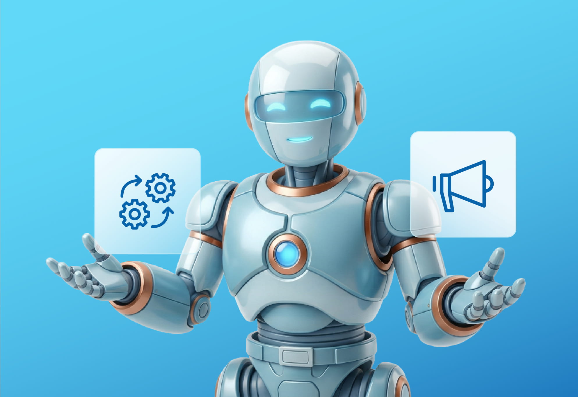 Ein lächelnder Roboter ält zwei schwebende Icons in der Hand. Ein Icon für Technik und eins für Marketing. Der Hintergrund ist blau. Es ist das Beitragsbild zu einem Blog von Quokka Commerce, eine E-Commerce Agentur aus dem Saarland.