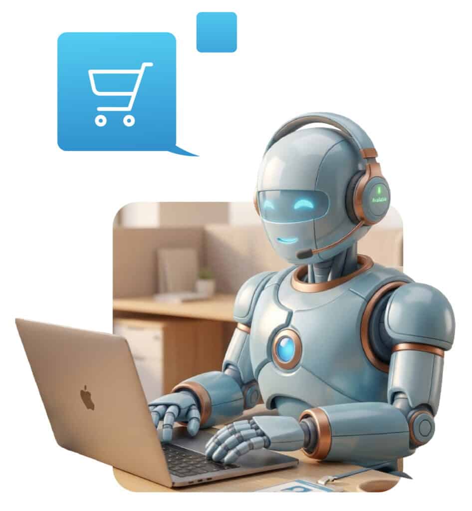 Freundlicher KI-Roboter mit Kopfhörern, der am Laptop sitzt und eine Bestellung aufgibt – Darstellung von Agentic Commerce. Quokka-Commerce-Blogpost zum Thema: So nutzen Top E-Commerce-Player KI wirklich.