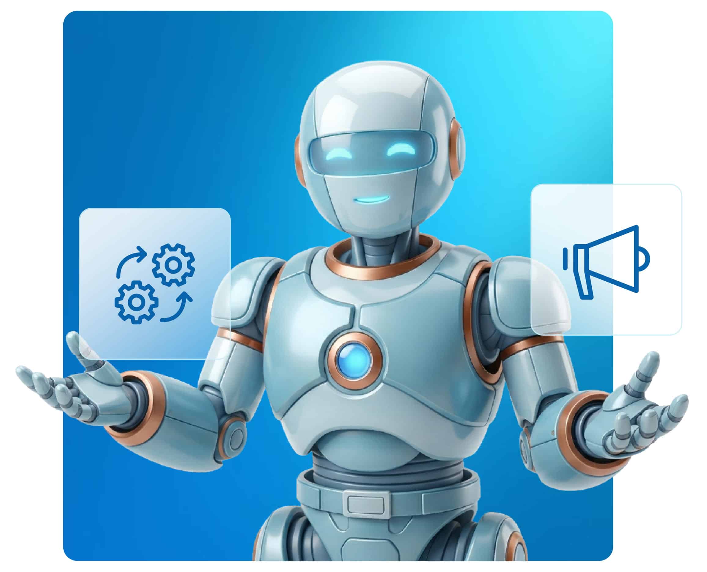 Ein lächelnder Roboter ält zwei schwebende Icons in der Hand. Ein Icon für Technik und eins für Marketing. Der Hintergrund ist blau.