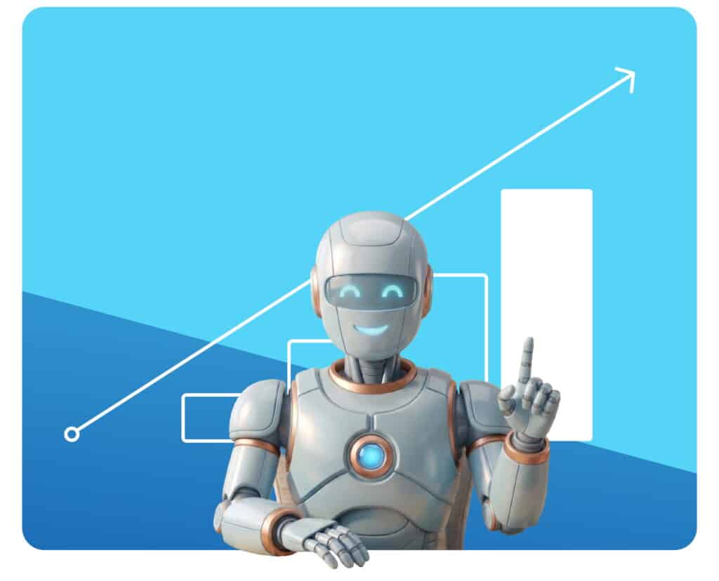 Freundlicher KI-Roboter, der eine Grafik im Hintergrund zeigt. Quokka-Commerce-Blogpost zum Thema: So nutzen Top E-Commerce-Player KI wirklich.