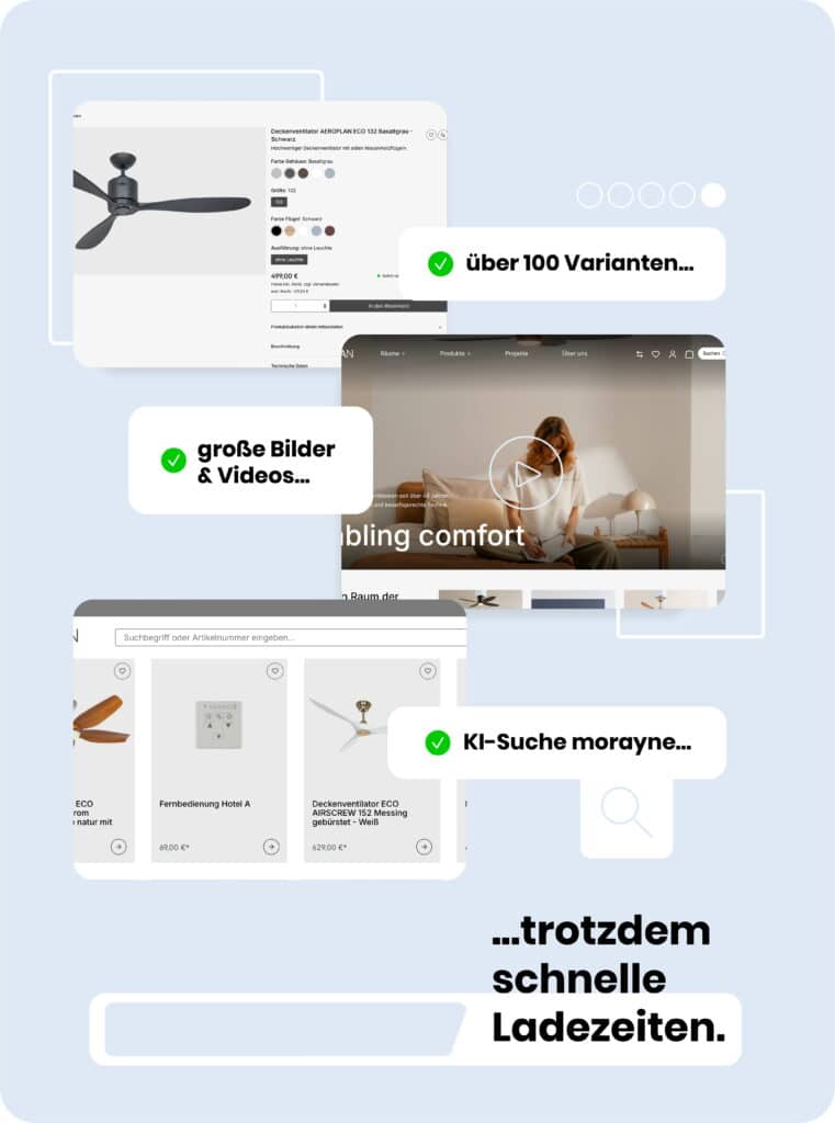 Eine illustrative Collage verschiedener Webdesign-Features für den CasaFan Onlineshop. Gezeigt werden verschiedene Benutzeroberflächen-Ausschnitte, kombiniert mit Text-Badges: „über 100 Varianten“ für die komplexe Produktkonfiguration, „große Bilder & Videos“ für emotionales Storytelling und „KI-Suche morayne“ für intelligente Suchergebnisse. Der abschließende Slogan „...trotzdem schnelle Ladezeiten“ betont die technische Performance der von Quokka Commerce umgesetzten Lösung.