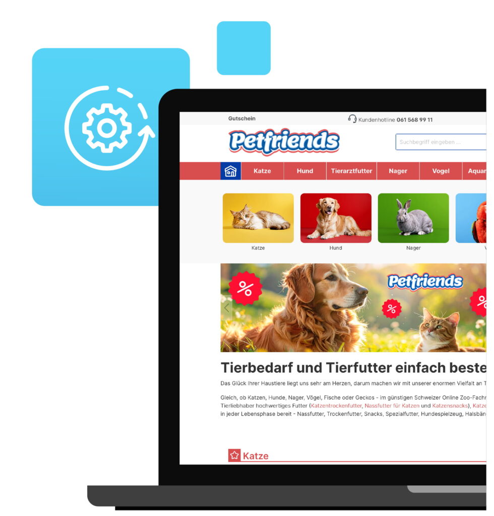 Das Bild zeigt ein Mockup des Petfriends Onlineshops. Ein illustriertes Icon eines Zahnrades schwebt im Hintergrund.