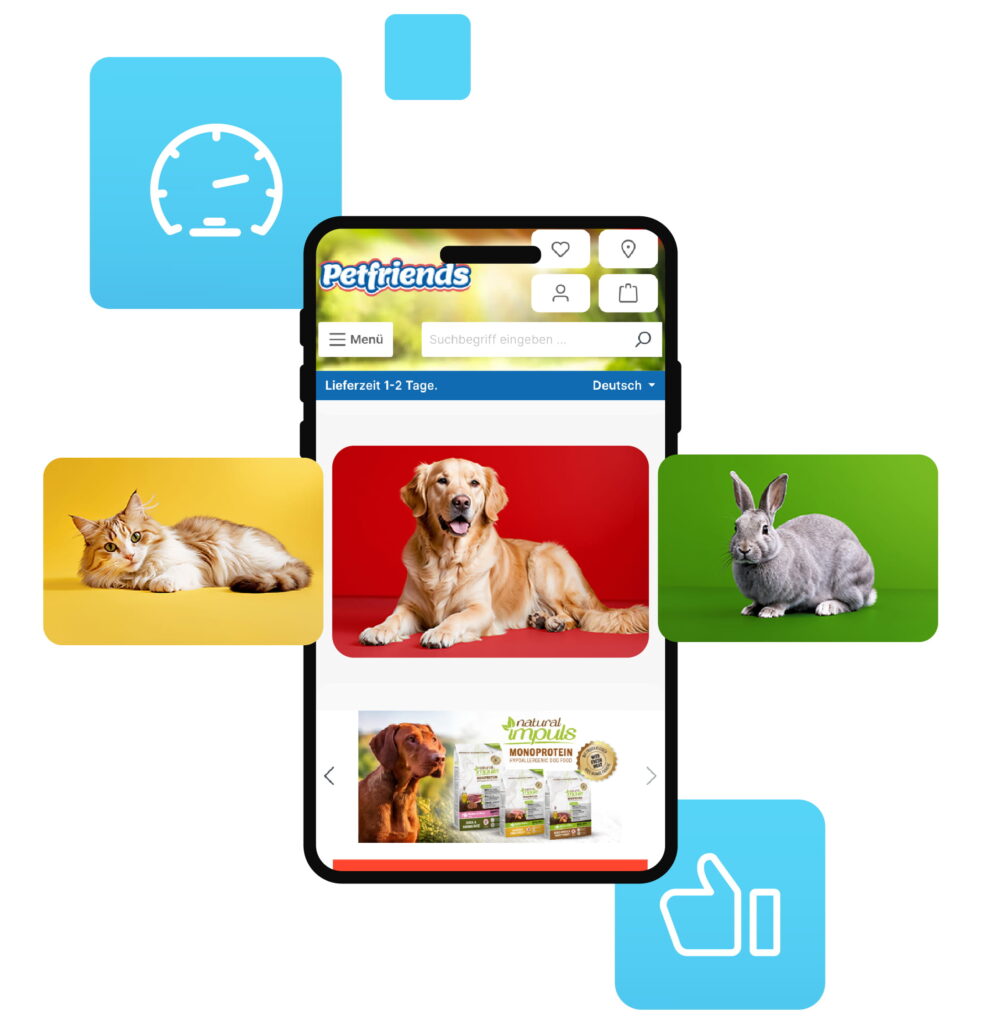 Auf dem Bild ist ein Mockup des Petfriends Online Shops zu sehen. Im Hintergrund schweben ein Icon für Tempo und eines für Daumen hoch